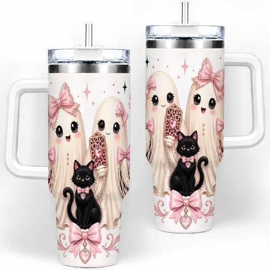 Pink Bow Ghost Cat 40oz Tumbler, Stainless Steel Halloween Drinkware