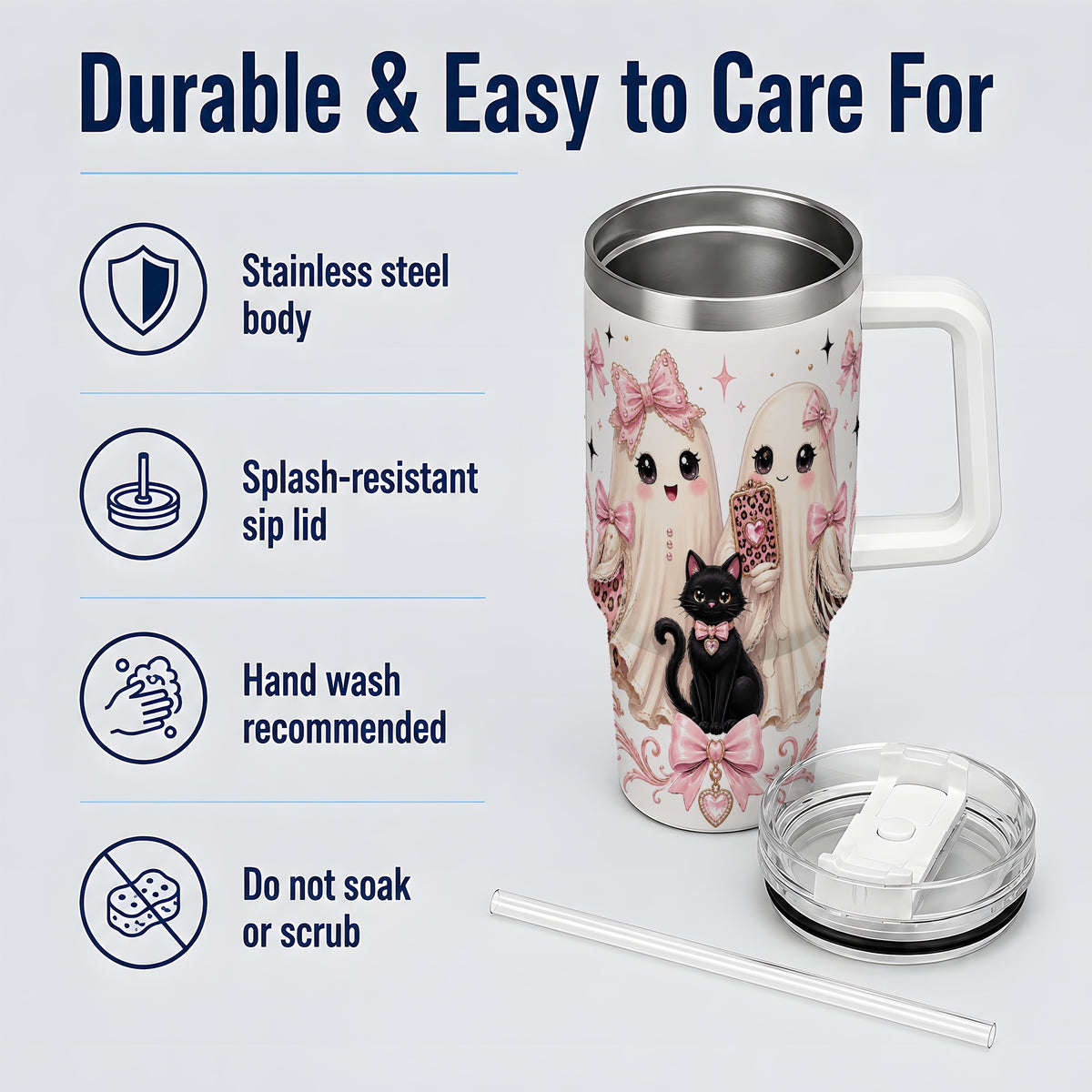 #pl[40oz|White] Pink Bow Ghost Cat 40oz Tumbler, Stainless Steel Halloween Drinkware