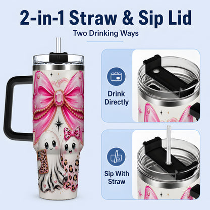 #pl[40oz|Black] Pink Bow Ghost Duo 40oz Tumbler, Stainless Steel Halloween Drinkware