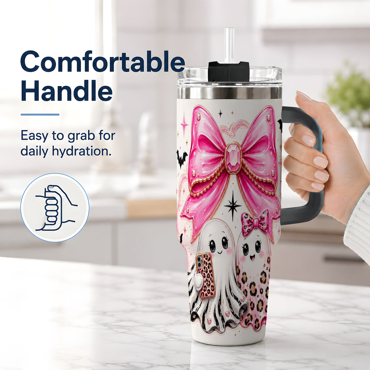 #pl[40oz|Black] Pink Bow Ghost Duo 40oz Tumbler, Stainless Steel Halloween Drinkware