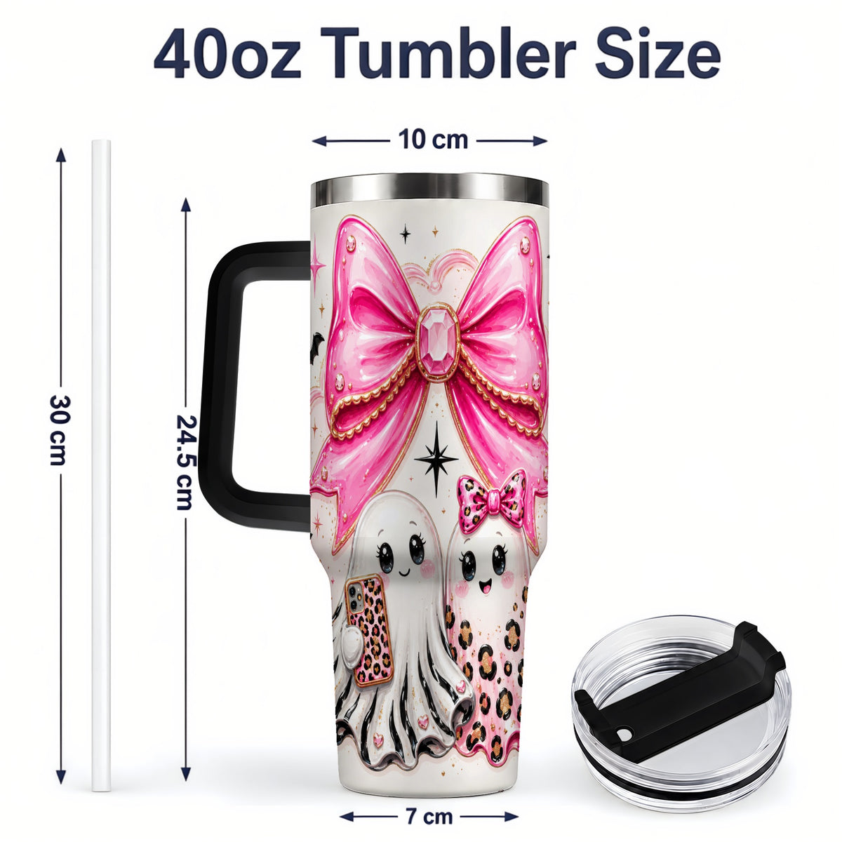 #pl[40oz|Black] Pink Bow Ghost Duo 40oz Tumbler, Stainless Steel Halloween Drinkware
