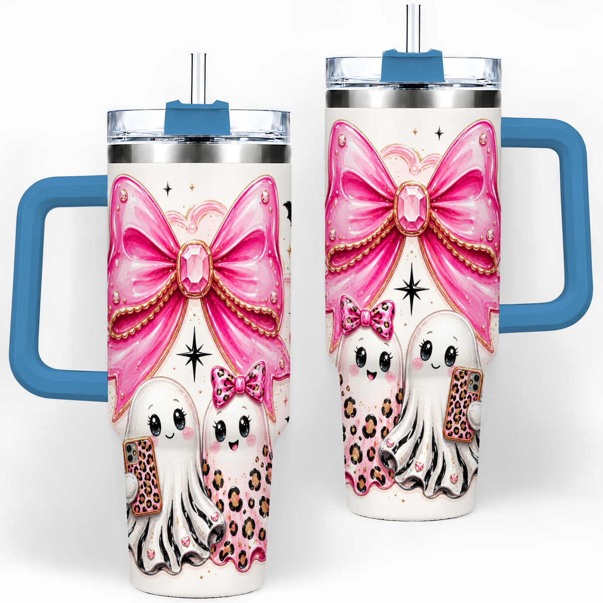 #pl[40oz|Blue] Pink Bow Ghost Duo 40oz Tumbler, Stainless Steel Halloween Drinkware