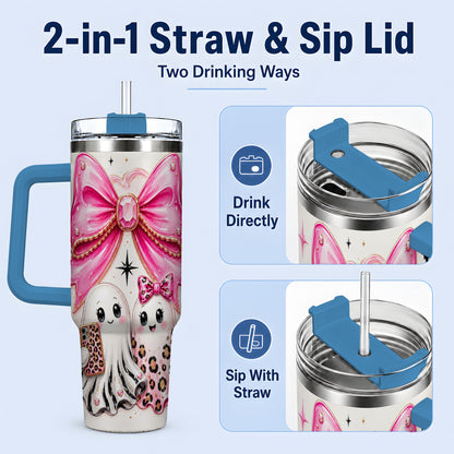 #pl[40oz|Blue] Pink Bow Ghost Duo 40oz Tumbler, Stainless Steel Halloween Drinkware