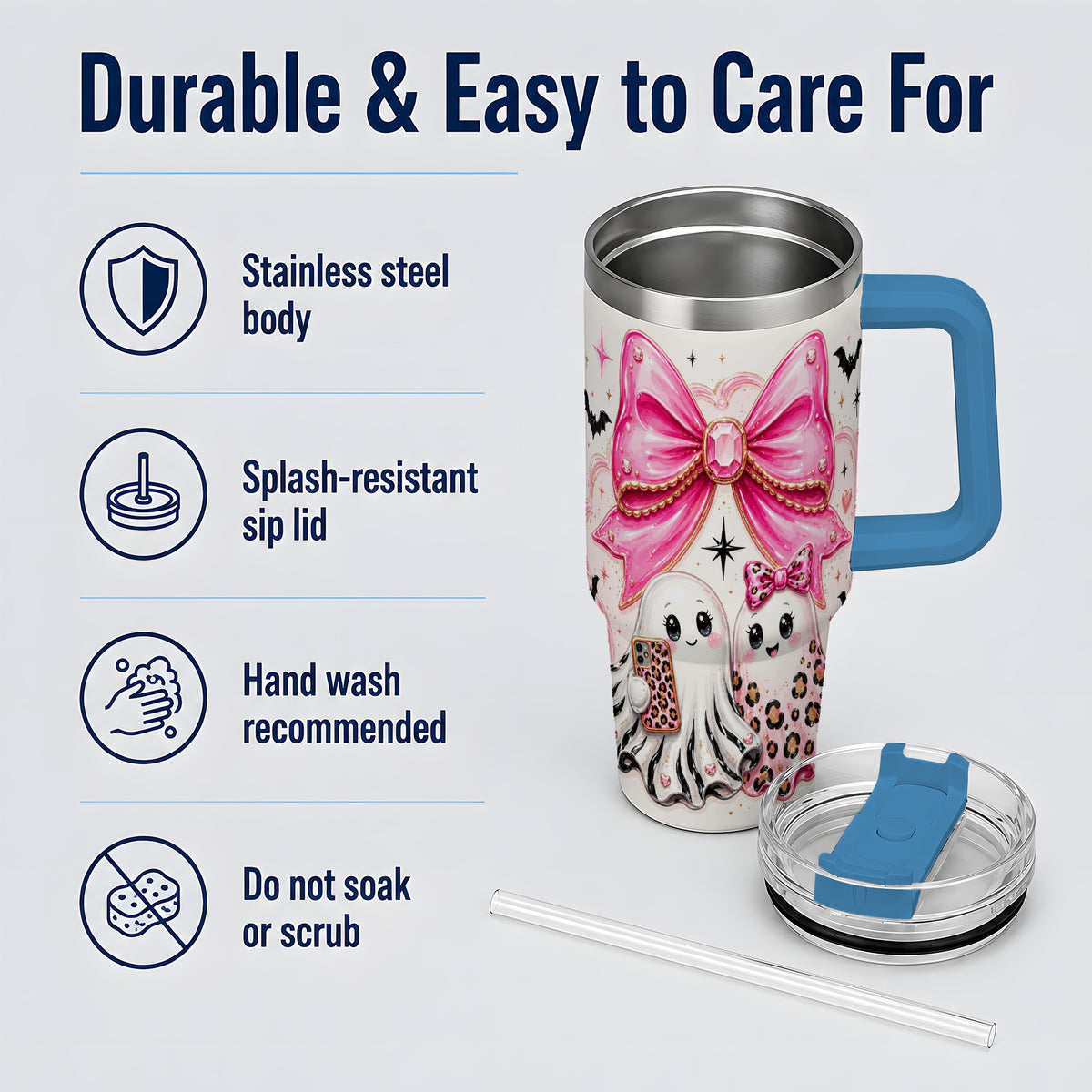 #pl[40oz|Blue] Pink Bow Ghost Duo 40oz Tumbler, Stainless Steel Halloween Drinkware