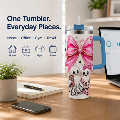 #pl[40oz|Blue] Pink Bow Ghost Duo 40oz Tumbler, Stainless Steel Halloween Drinkware