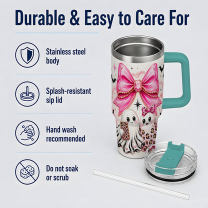 #pl[40oz|Green] Pink Bow Ghost Duo 40oz Tumbler, Stainless Steel Halloween Drinkware