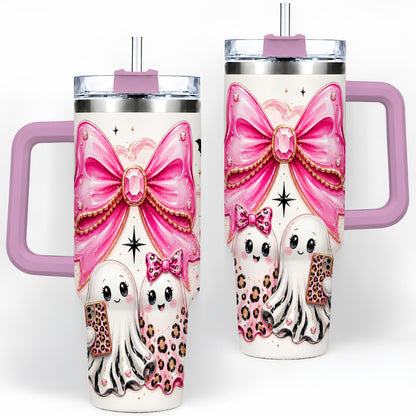 #pl[40oz|Pink] Pink Bow Ghost Duo 40oz Tumbler, Stainless Steel Halloween Drinkware
