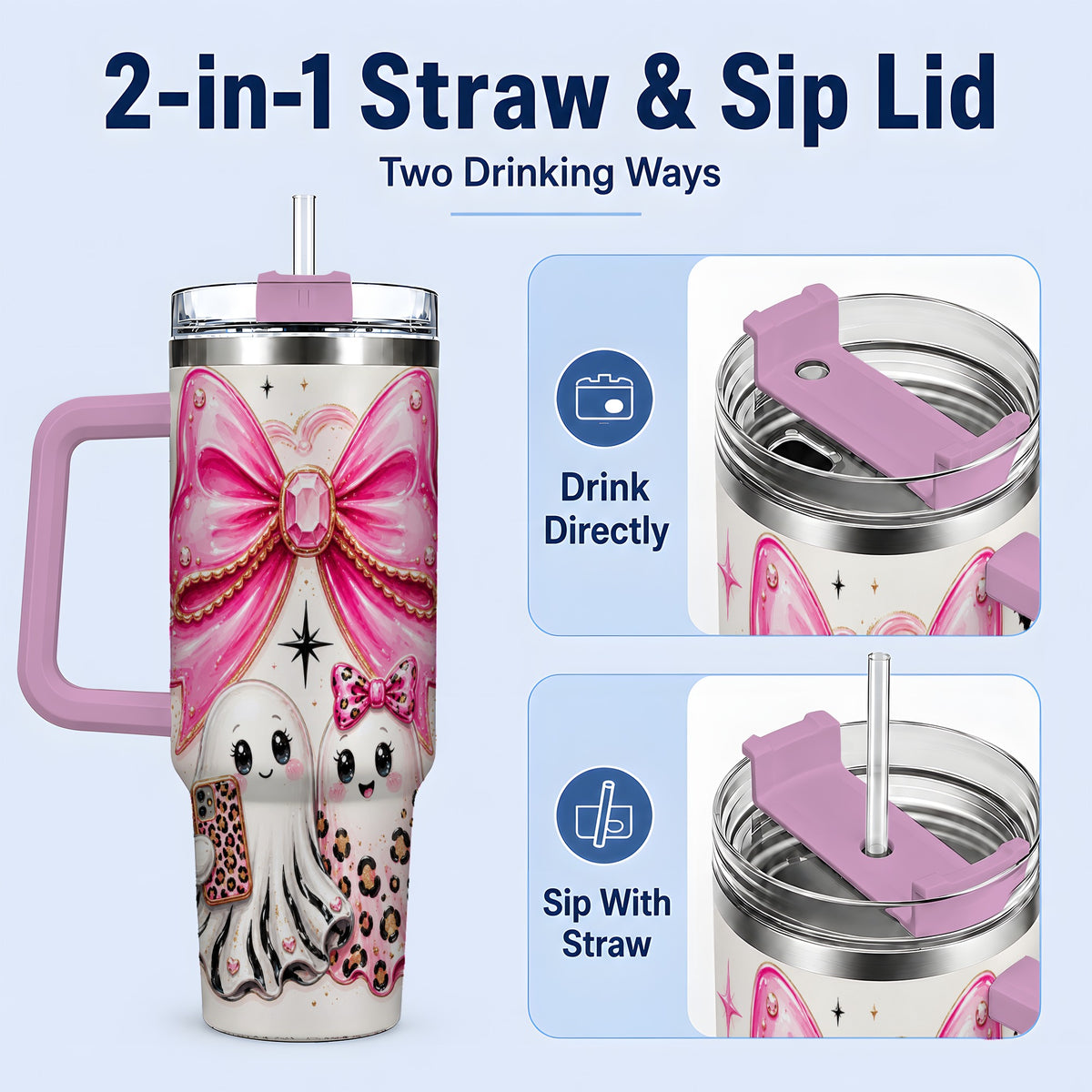 #pl[40oz|Pink] Pink Bow Ghost Duo 40oz Tumbler, Stainless Steel Halloween Drinkware