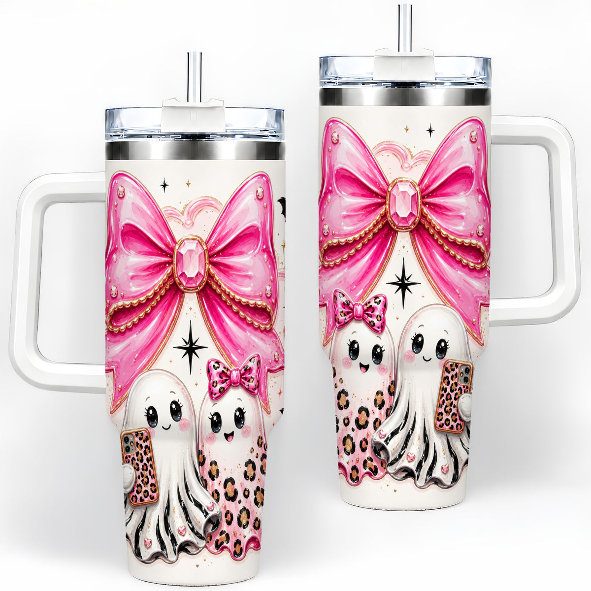 Pink Bow Ghost Duo 40oz Tumbler, Stainless Steel Halloween Drinkware