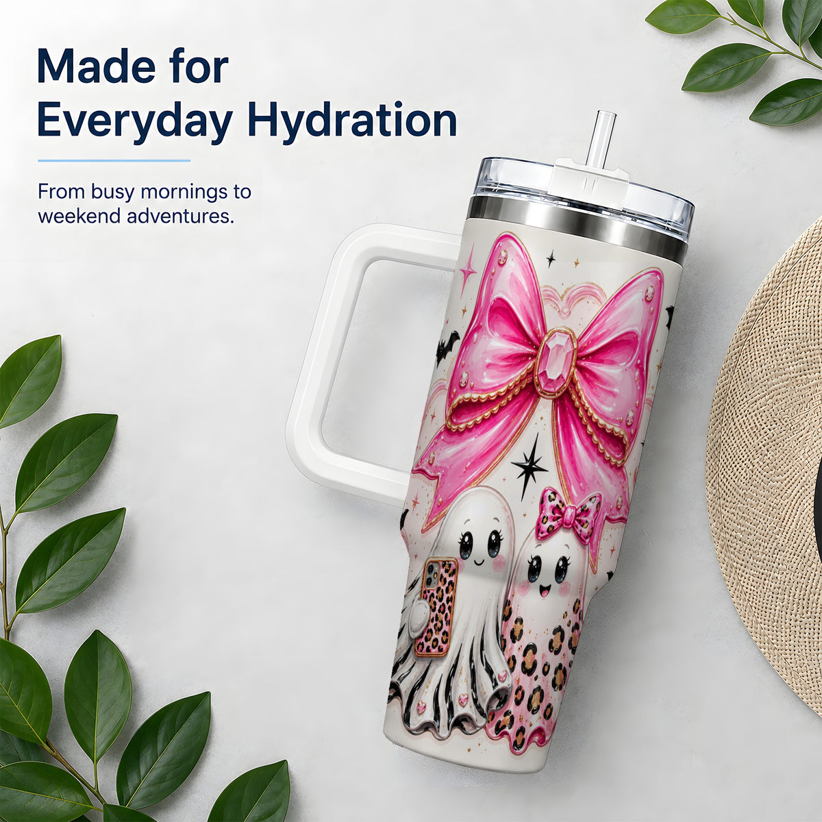 #pl[40oz|White] Pink Bow Ghost Duo 40oz Tumbler, Stainless Steel Halloween Drinkware