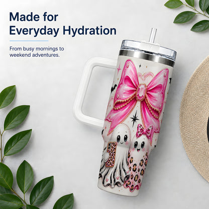 #pl[40oz|White] Pink Bow Ghost Duo 40oz Tumbler, Stainless Steel Halloween Drinkware