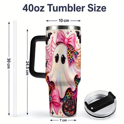 #pl[40oz|Black] Leopard Ghost Pink Bow 40oz Tumbler, Stainless Steel Halloween Drinkware