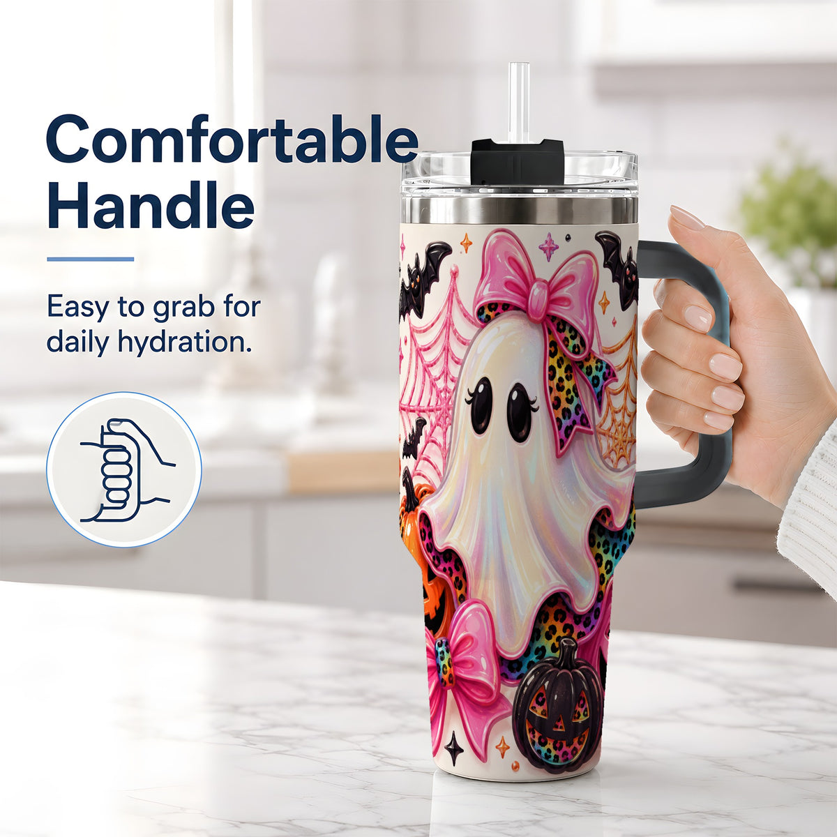 #pl[40oz|Black] Leopard Ghost Pink Bow 40oz Tumbler, Stainless Steel Halloween Drinkware