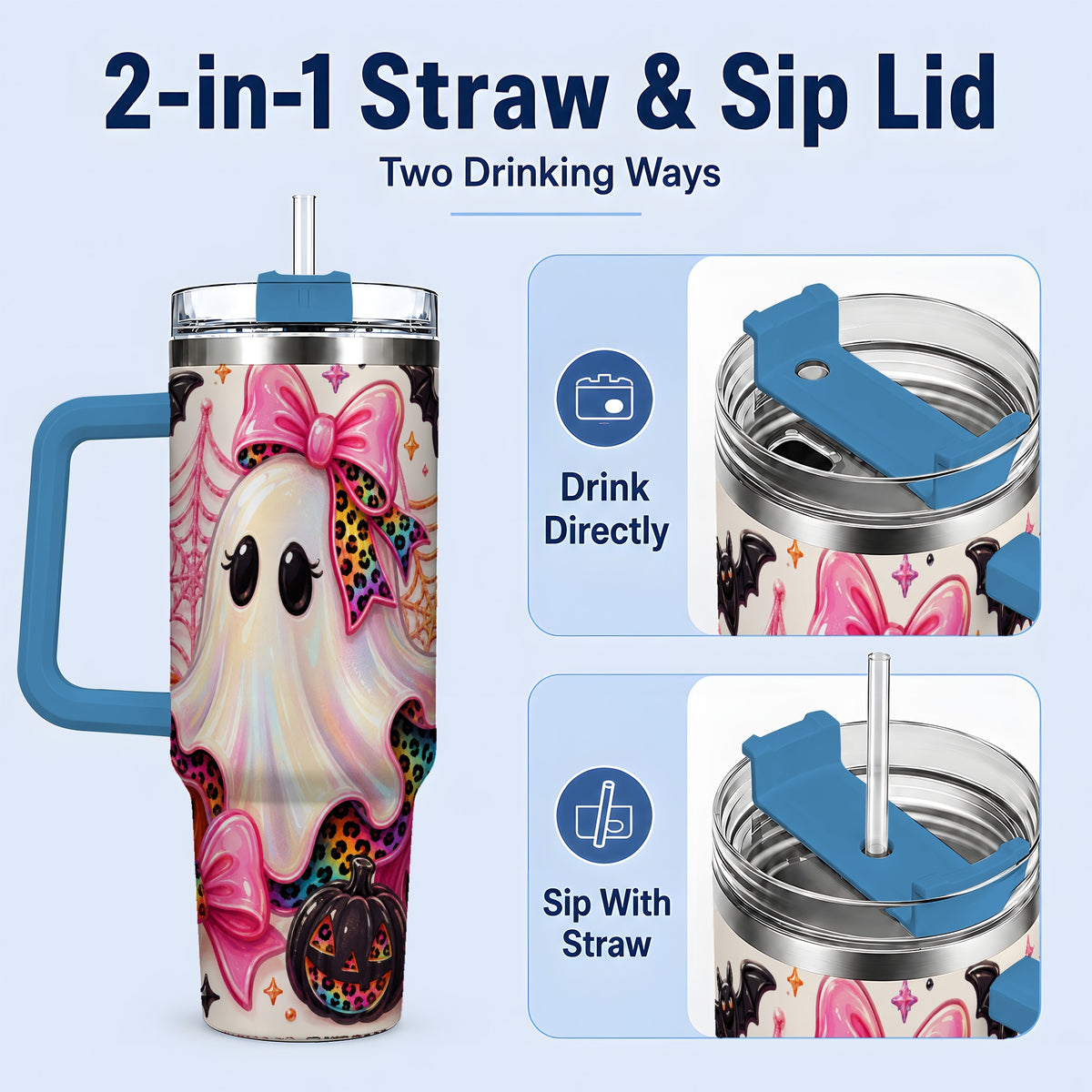 #pl[40oz|Blue] Leopard Ghost Pink Bow 40oz Tumbler, Stainless Steel Halloween Drinkware
