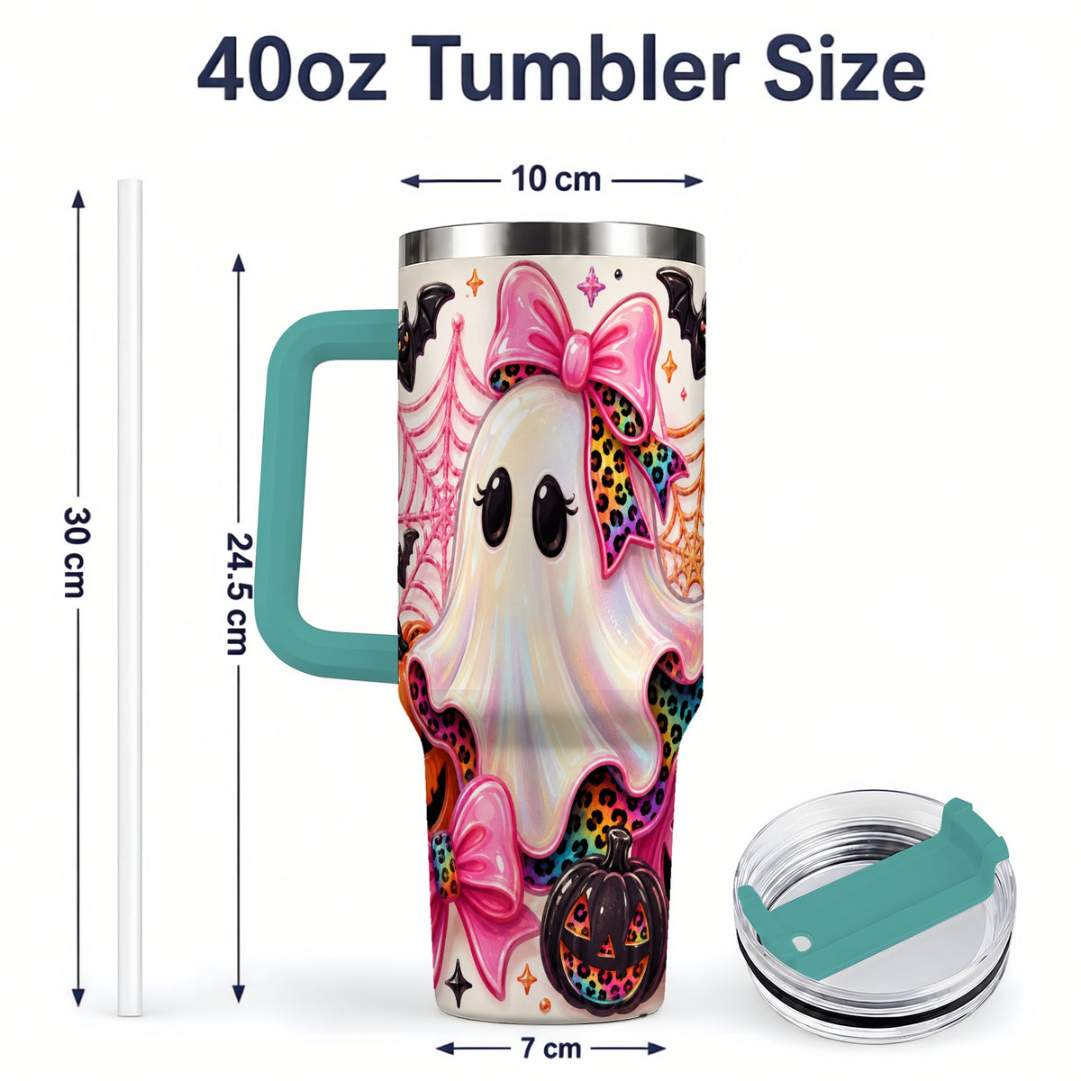 #pl[40oz|Green] Leopard Ghost Pink Bow 40oz Tumbler, Stainless Steel Halloween Drinkware