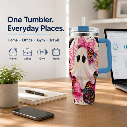 #pl[40oz|Blue] Leopard Ghost Pink Bow 40oz Tumbler, Stainless Steel Halloween Drinkware