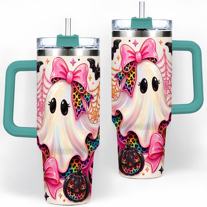 #pl[40oz|Green] Leopard Ghost Pink Bow 40oz Tumbler, Stainless Steel Halloween Drinkware