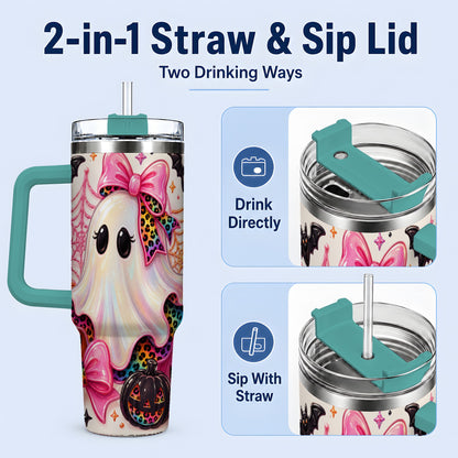 #pl[40oz|Green] Leopard Ghost Pink Bow 40oz Tumbler, Stainless Steel Halloween Drinkware