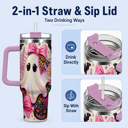 #pl[40oz|Pink] Leopard Ghost Pink Bow 40oz Tumbler, Stainless Steel Halloween Drinkware
