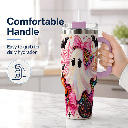#pl[40oz|Pink] Leopard Ghost Pink Bow 40oz Tumbler, Stainless Steel Halloween Drinkware