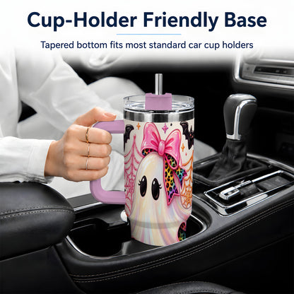 #pl[40oz|Pink] Leopard Ghost Pink Bow 40oz Tumbler, Stainless Steel Halloween Drinkware