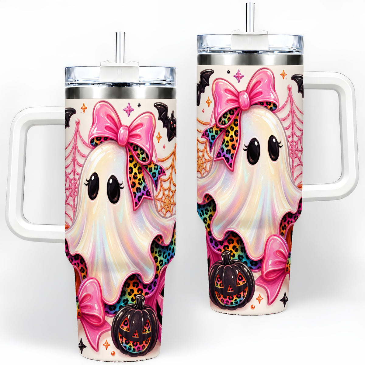 Leopard Ghost Pink Bow 40oz Tumbler, Stainless Steel Halloween Drinkware