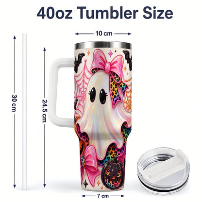#pl[40oz|White] Leopard Ghost Pink Bow 40oz Tumbler, Stainless Steel Halloween Drinkware