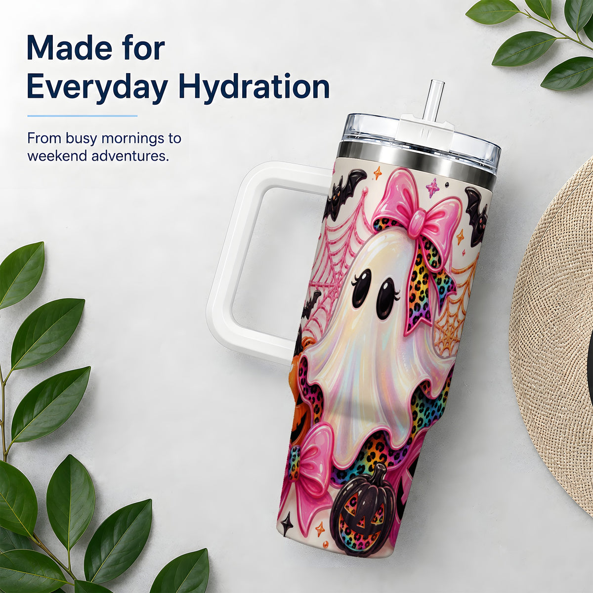 #pl[40oz|White] Leopard Ghost Pink Bow 40oz Tumbler, Stainless Steel Halloween Drinkware