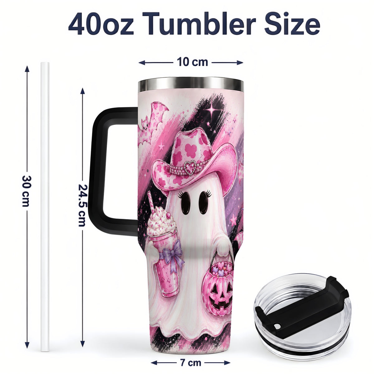 #pl[40oz|Black] Cowgirl Ghost Pink Bat 40oz Tumbler, Stainless Steel Halloween Drinkware
