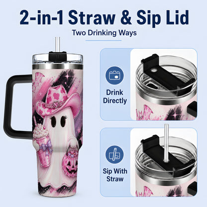 #pl[40oz|Black] Cowgirl Ghost Pink Bat 40oz Tumbler, Stainless Steel Halloween Drinkware