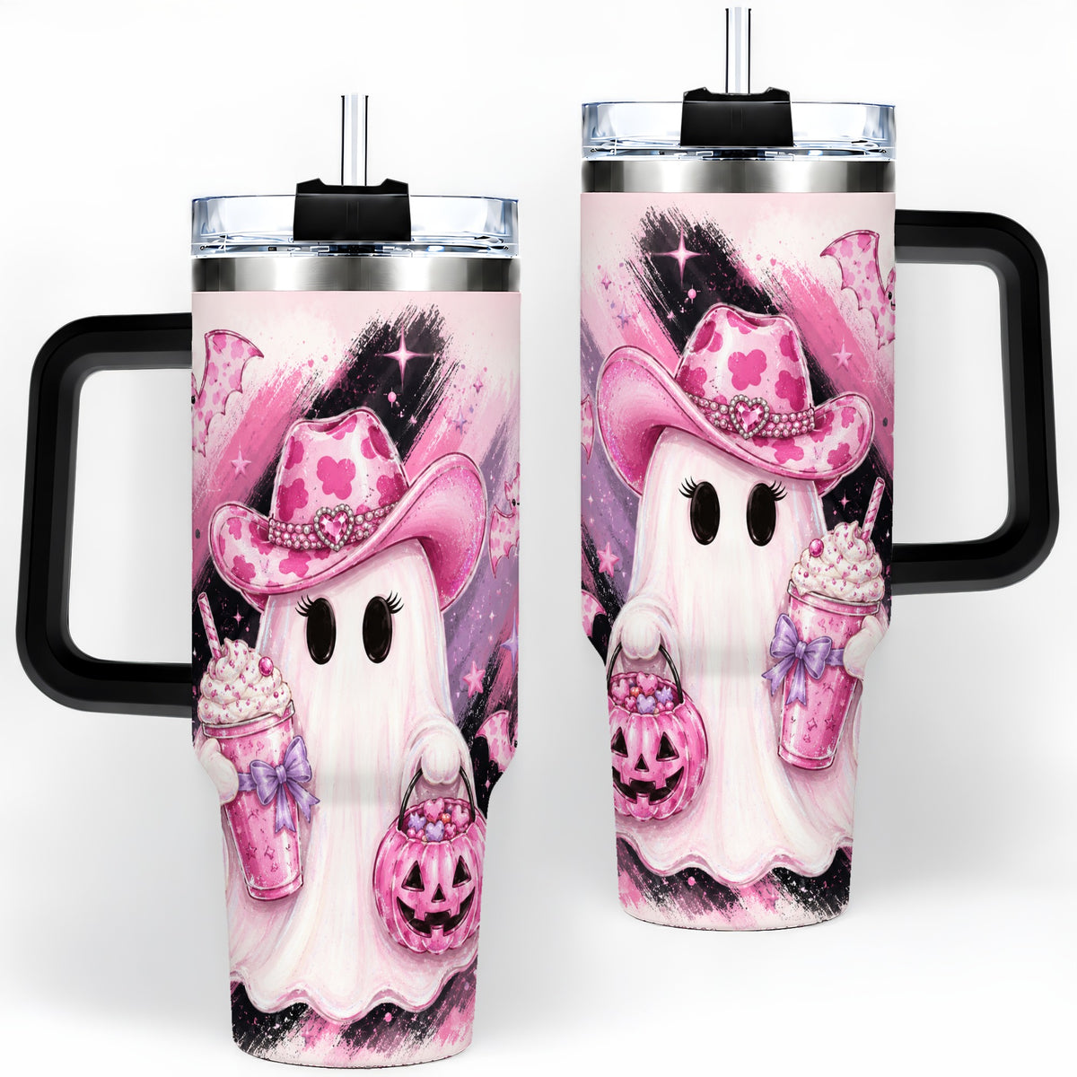 #pl[40oz|Black] Cowgirl Ghost Pink Bat 40oz Tumbler, Stainless Steel Halloween Drinkware