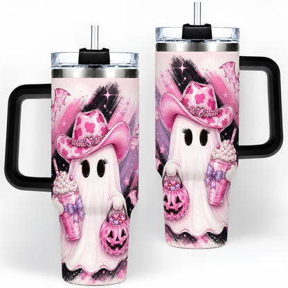 #pl[40oz|Black] Cowgirl Ghost Pink Bat 40oz Tumbler, Stainless Steel Halloween Drinkware