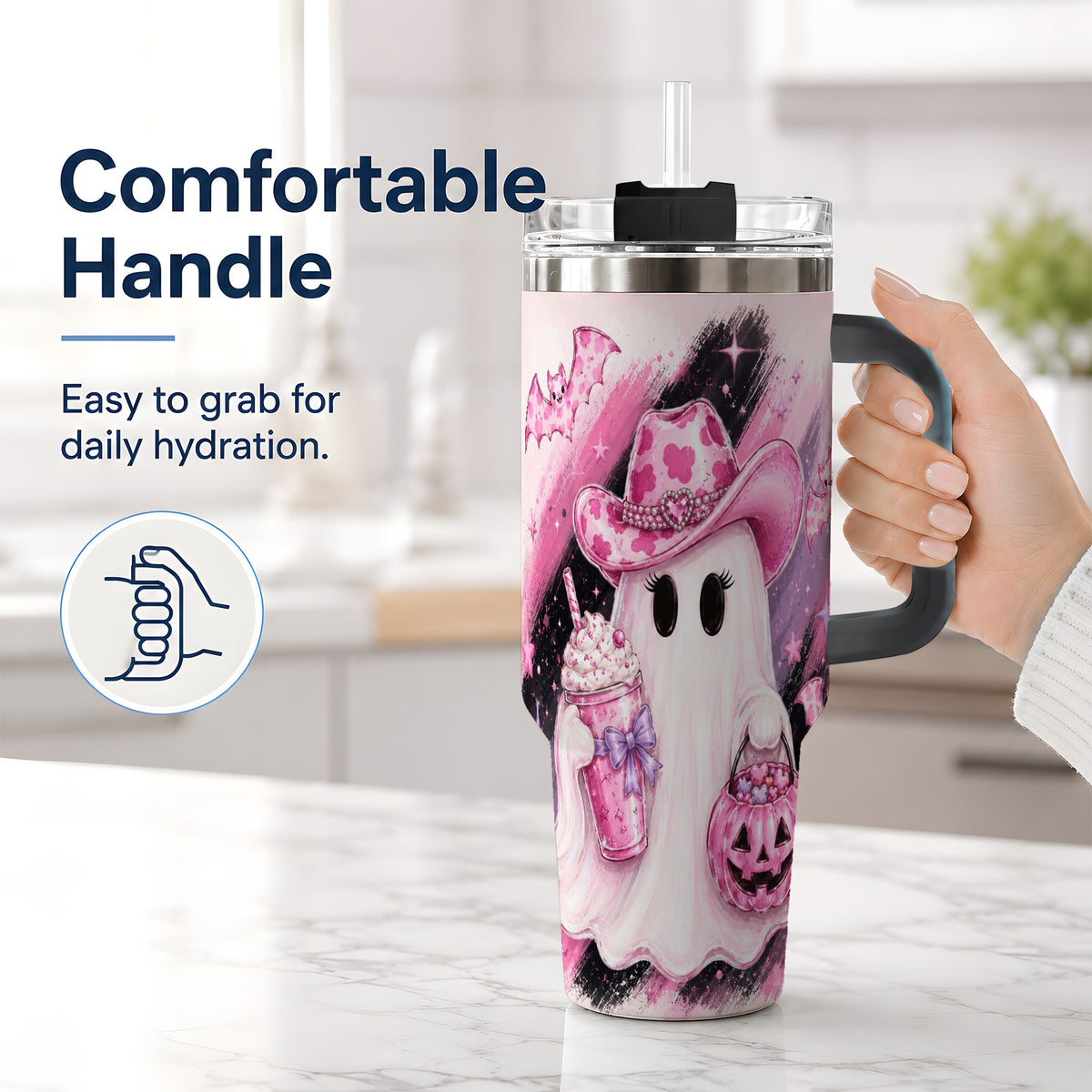 #pl[40oz|Black] Cowgirl Ghost Pink Bat 40oz Tumbler, Stainless Steel Halloween Drinkware