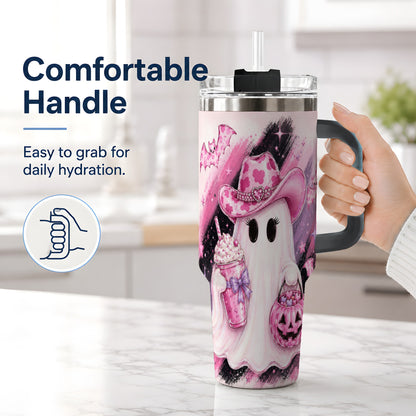 #pl[40oz|Black] Cowgirl Ghost Pink Bat 40oz Tumbler, Stainless Steel Halloween Drinkware