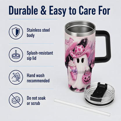 #pl[40oz|Black] Cowgirl Ghost Pink Bat 40oz Tumbler, Stainless Steel Halloween Drinkware