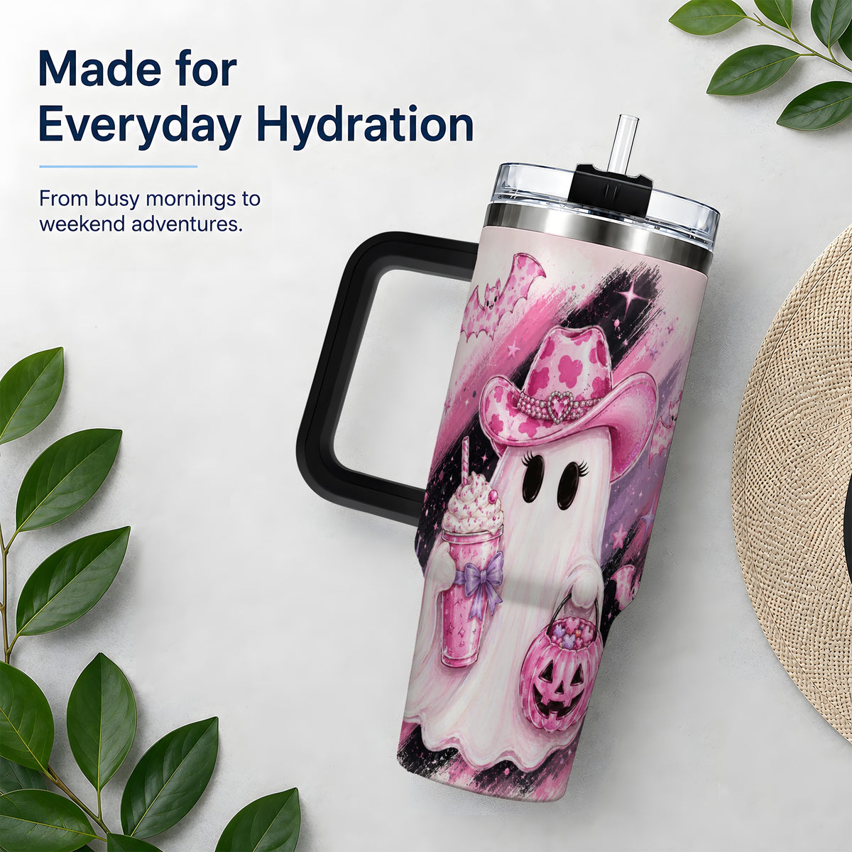 #pl[40oz|Black] Cowgirl Ghost Pink Bat 40oz Tumbler, Stainless Steel Halloween Drinkware