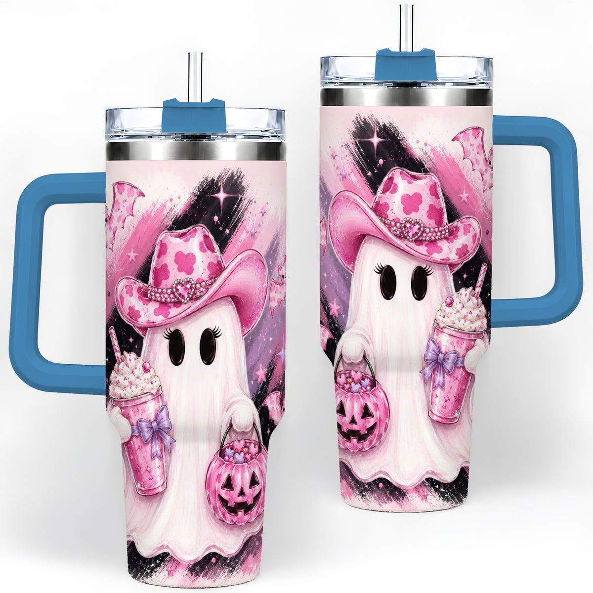 #pl[40oz|Blue] Cowgirl Ghost Pink Bat 40oz Tumbler, Stainless Steel Halloween Drinkware
