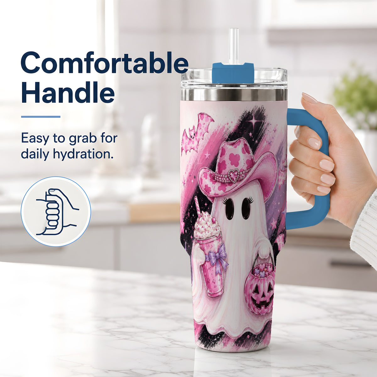 #pl[40oz|Blue] Cowgirl Ghost Pink Bat 40oz Tumbler, Stainless Steel Halloween Drinkware