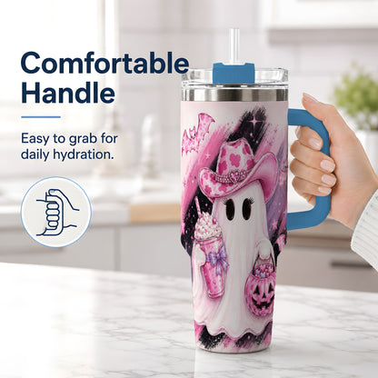 #pl[40oz|Blue] Cowgirl Ghost Pink Bat 40oz Tumbler, Stainless Steel Halloween Drinkware