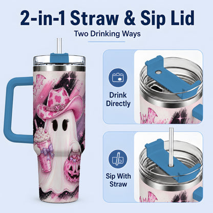 #pl[40oz|Blue] Cowgirl Ghost Pink Bat 40oz Tumbler, Stainless Steel Halloween Drinkware