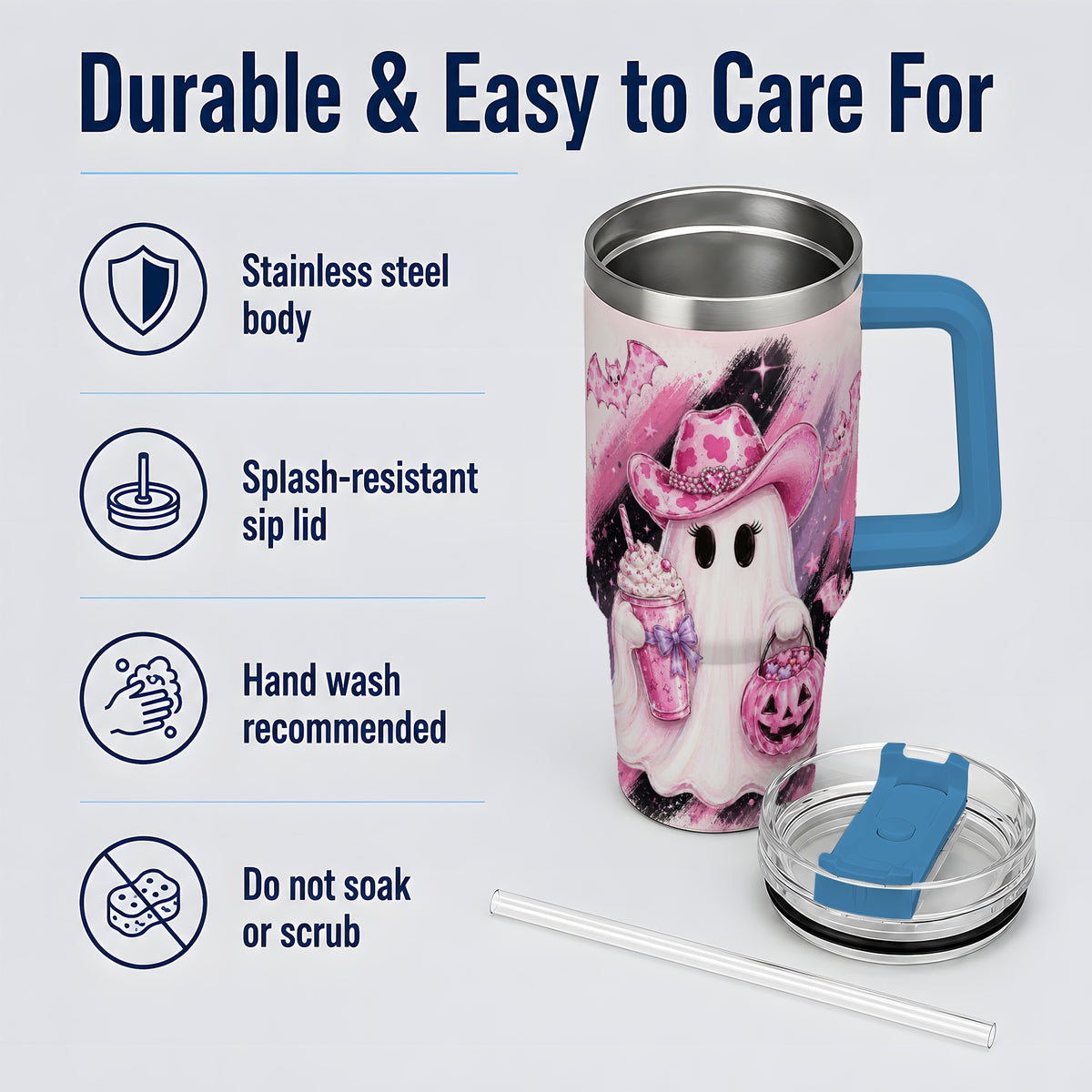 #pl[40oz|Blue] Cowgirl Ghost Pink Bat 40oz Tumbler, Stainless Steel Halloween Drinkware