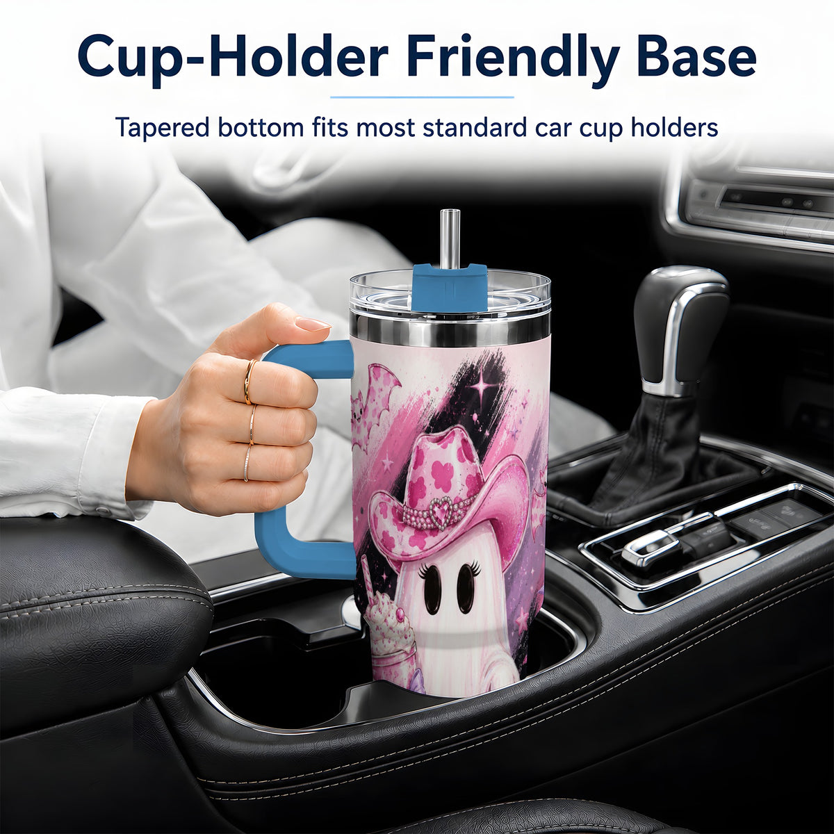 #pl[40oz|Blue] Cowgirl Ghost Pink Bat 40oz Tumbler, Stainless Steel Halloween Drinkware
