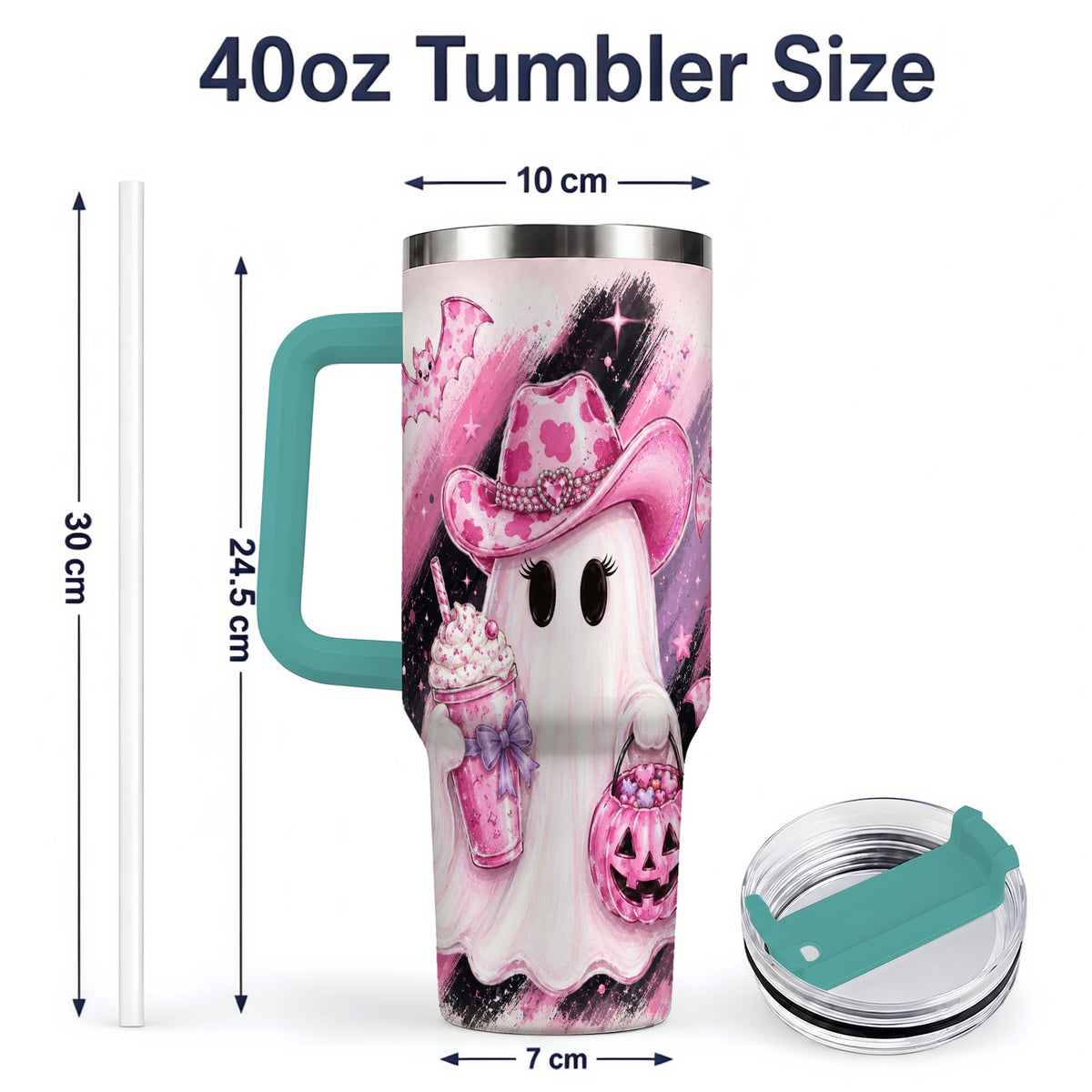 #pl[40oz|Green] Cowgirl Ghost Pink Bat 40oz Tumbler, Stainless Steel Halloween Drinkware