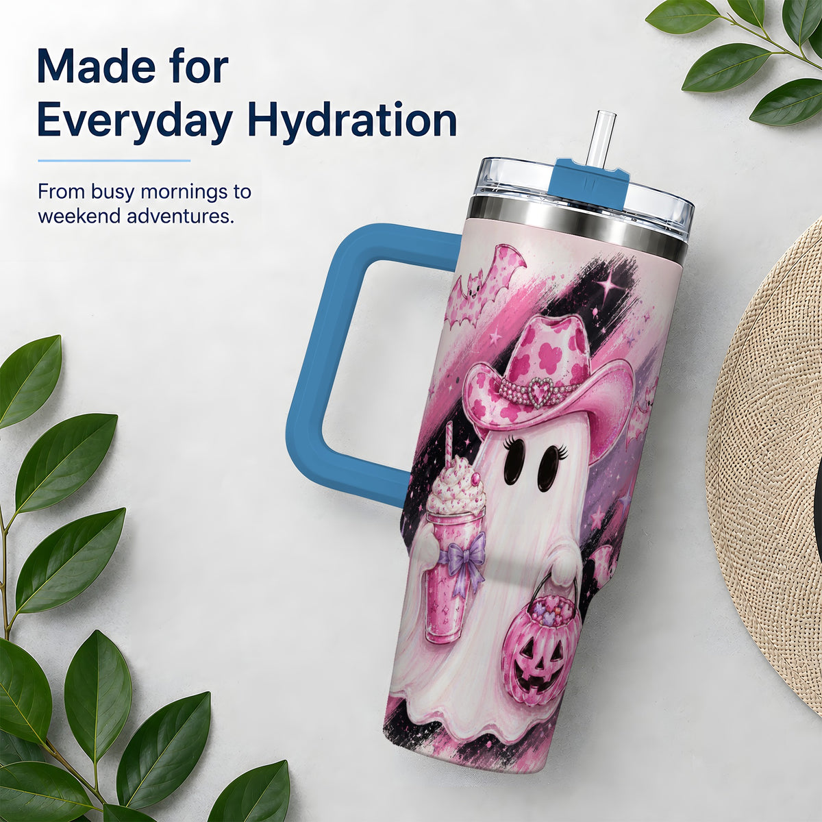 #pl[40oz|Blue] Cowgirl Ghost Pink Bat 40oz Tumbler, Stainless Steel Halloween Drinkware