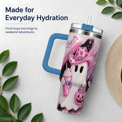 #pl[40oz|Blue] Cowgirl Ghost Pink Bat 40oz Tumbler, Stainless Steel Halloween Drinkware