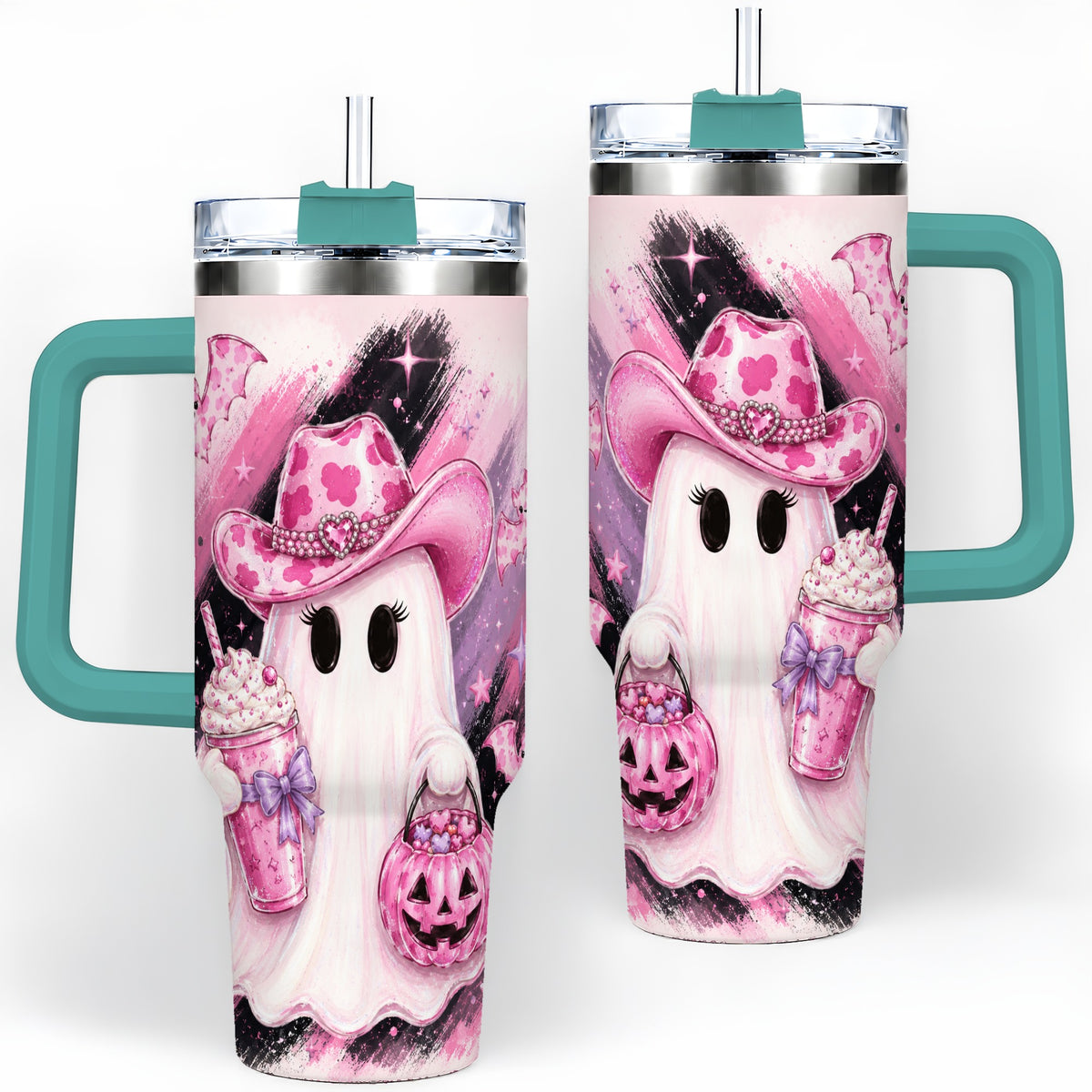 #pl[40oz|Green] Cowgirl Ghost Pink Bat 40oz Tumbler, Stainless Steel Halloween Drinkware
