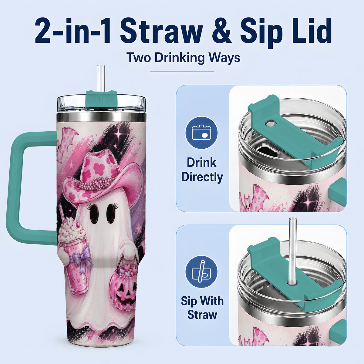 #pl[40oz|Green] Cowgirl Ghost Pink Bat 40oz Tumbler, Stainless Steel Halloween Drinkware