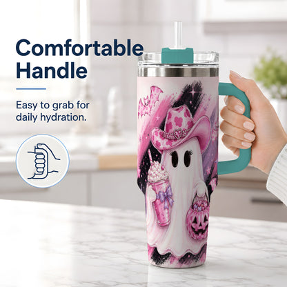 #pl[40oz|Green] Cowgirl Ghost Pink Bat 40oz Tumbler, Stainless Steel Halloween Drinkware