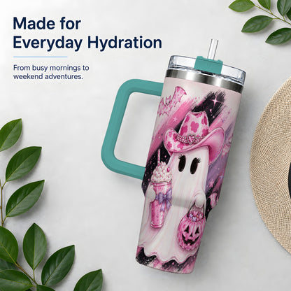 #pl[40oz|Green] Cowgirl Ghost Pink Bat 40oz Tumbler, Stainless Steel Halloween Drinkware
