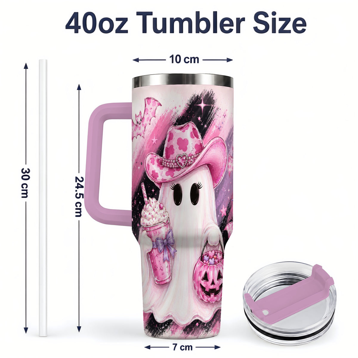 #pl[40oz|Pink] Cowgirl Ghost Pink Bat 40oz Tumbler, Stainless Steel Halloween Drinkware